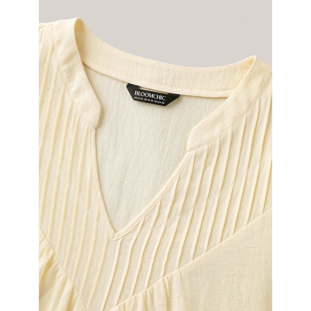 Plus Size Beige Cotton Stripe Neckline Notched Pleated Sheer Blouse Women Short sleeve Flat collar with V-notch Vacation Blouses BloomChic 12/L Product Image
