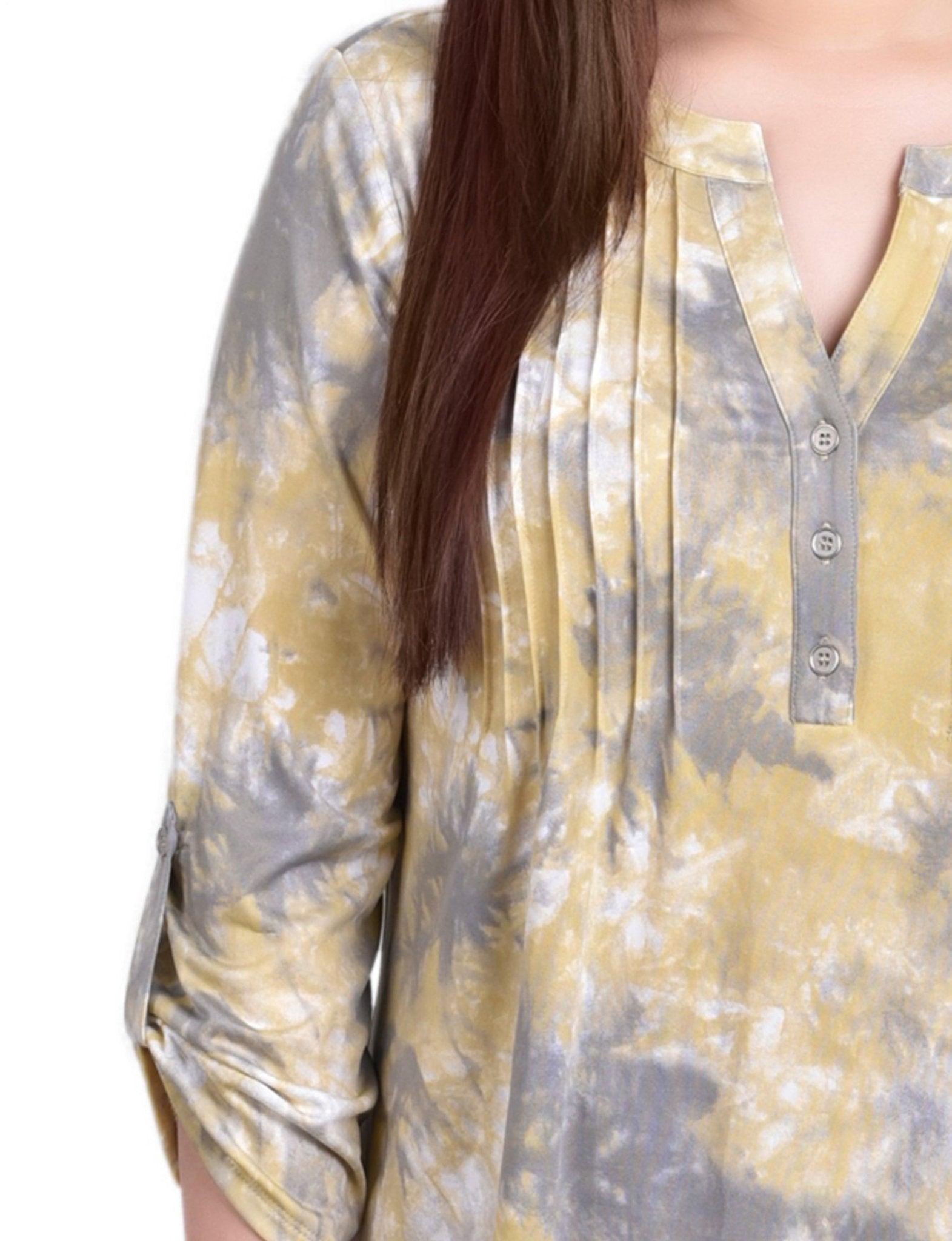 Yellow Tiedye 3/4 Bell Sleeve Pleat Front Y Neck Top - Petite Product Image