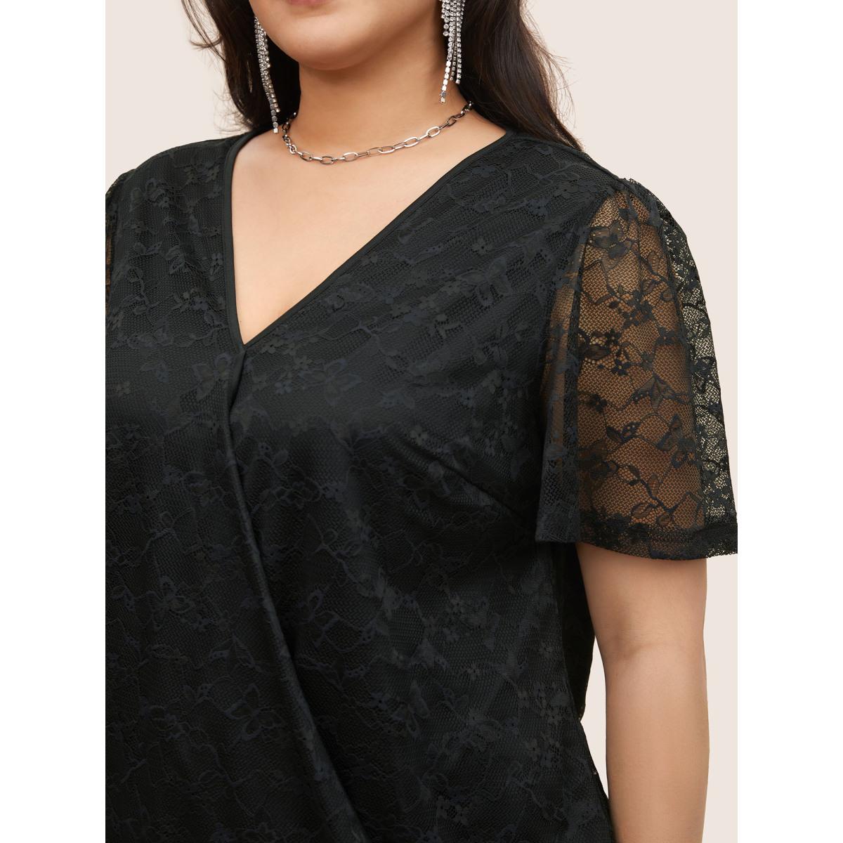 Plus Size Black Overlap Collar Mesh Patchwork Lace Insert Blouse Women Cocktail Short sleeve Overlap Collar Party Blouses BloomChic 14-16/1X Product Image