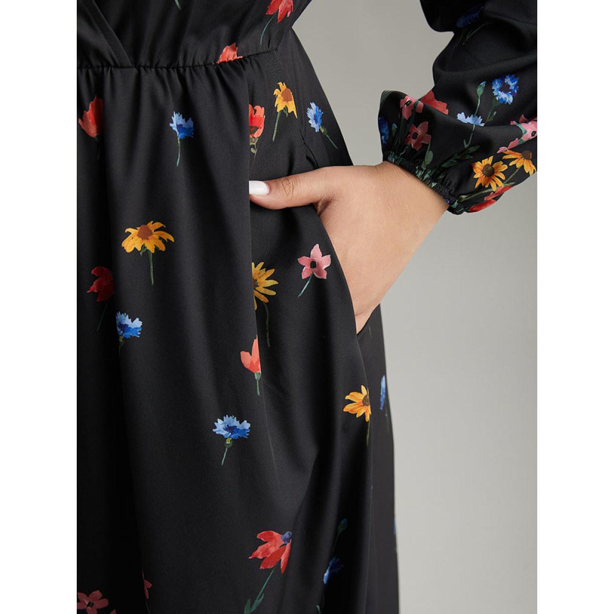 Plus Size Boho Print Overlap Collar Lantern Sleeve Dress Black Women Elegant Elastic cuffs Overlap Collar Long Sleeve Curvy Midi Dress BloomChic 18-20/2X Product Image