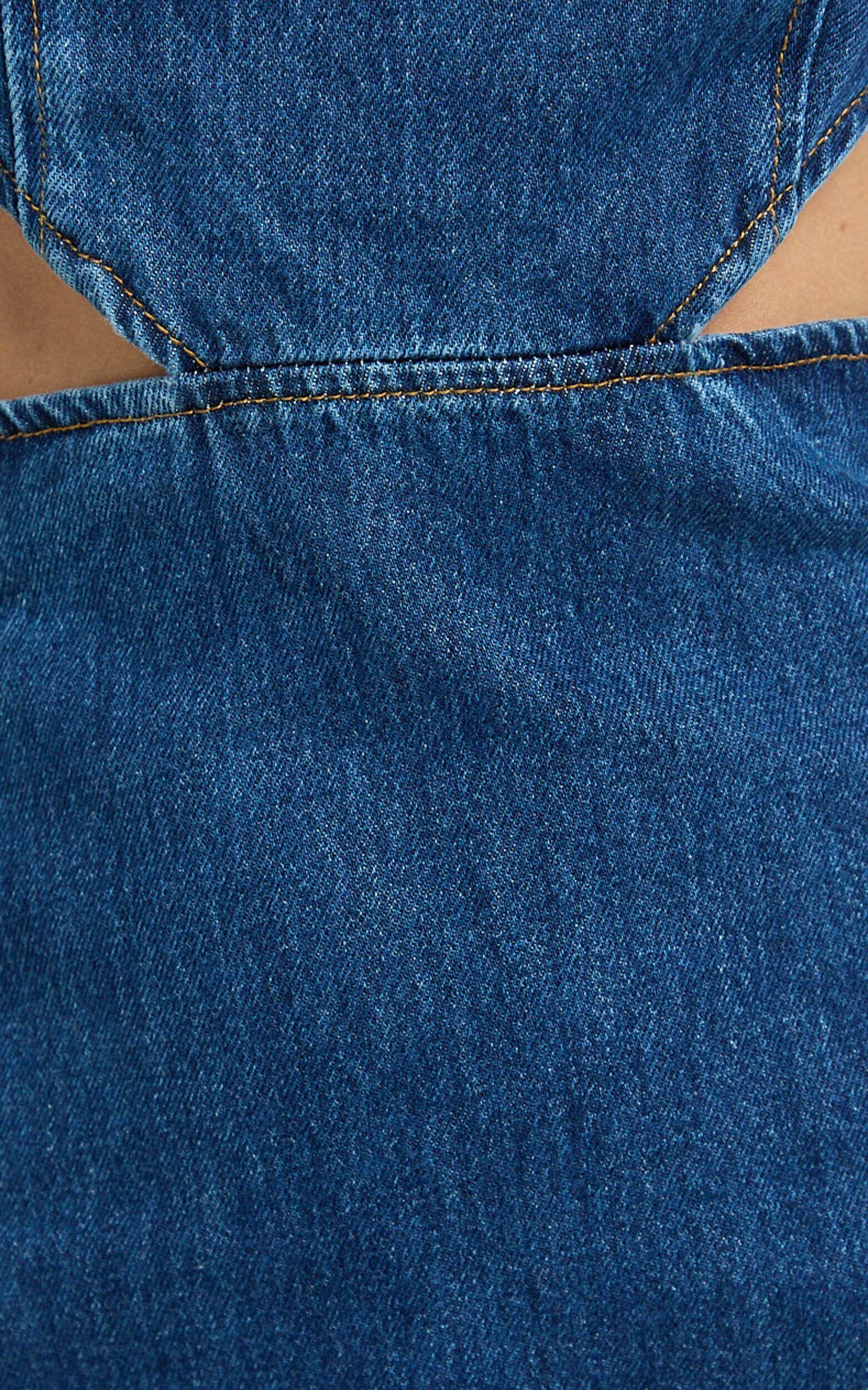 Freya Mini Dress - Denim Cut Out Puff Sleeve Mini Dress in Mid Blue Wash Product Image