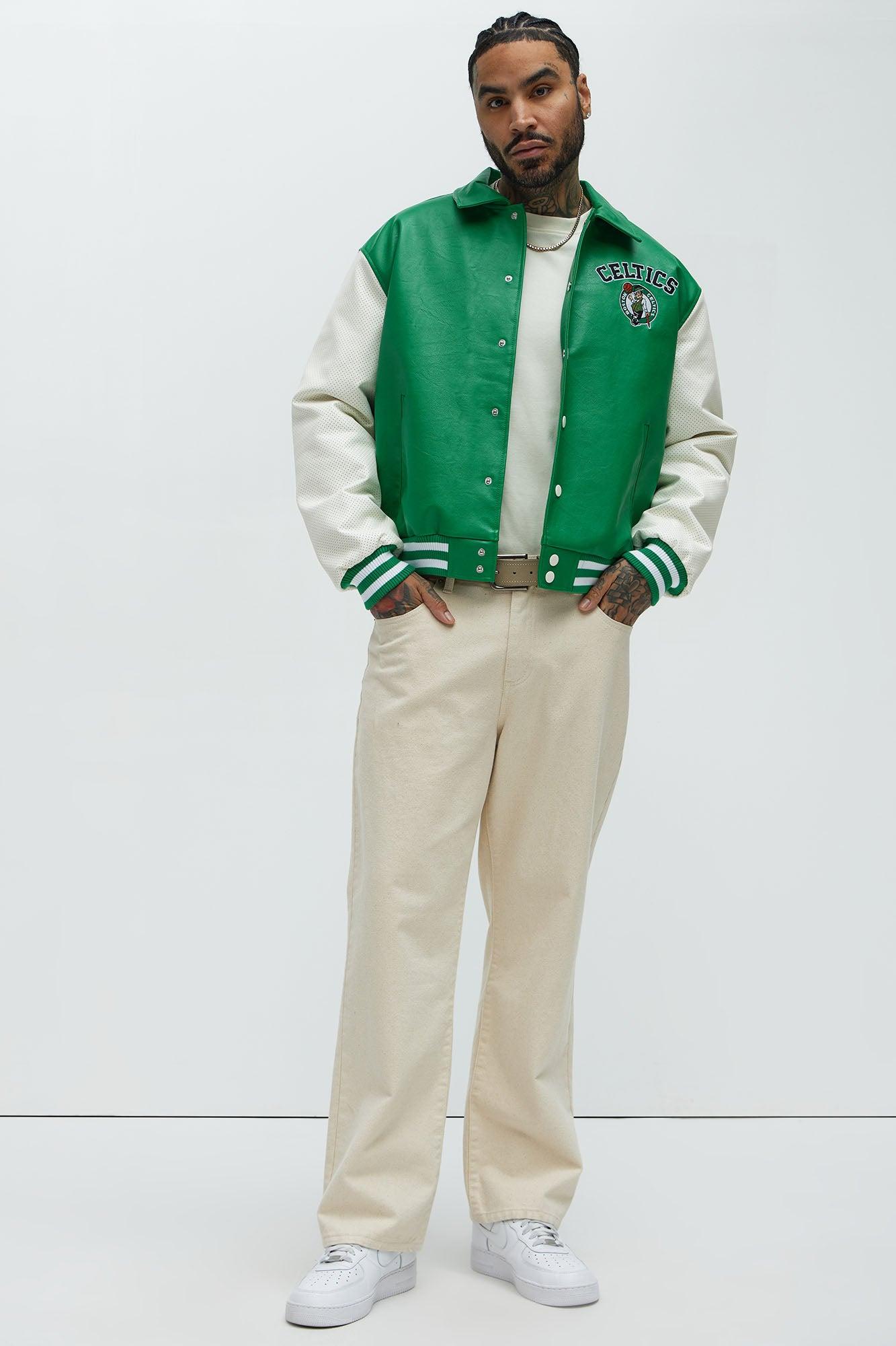 Celtics Top Dawg Faux Leather Collared Varsity Jacket - Kelly Green Product Image