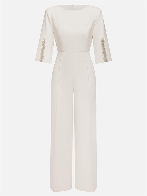 Loose Solid Color Split-Joint Round-Neck Jumpsuits Product Image