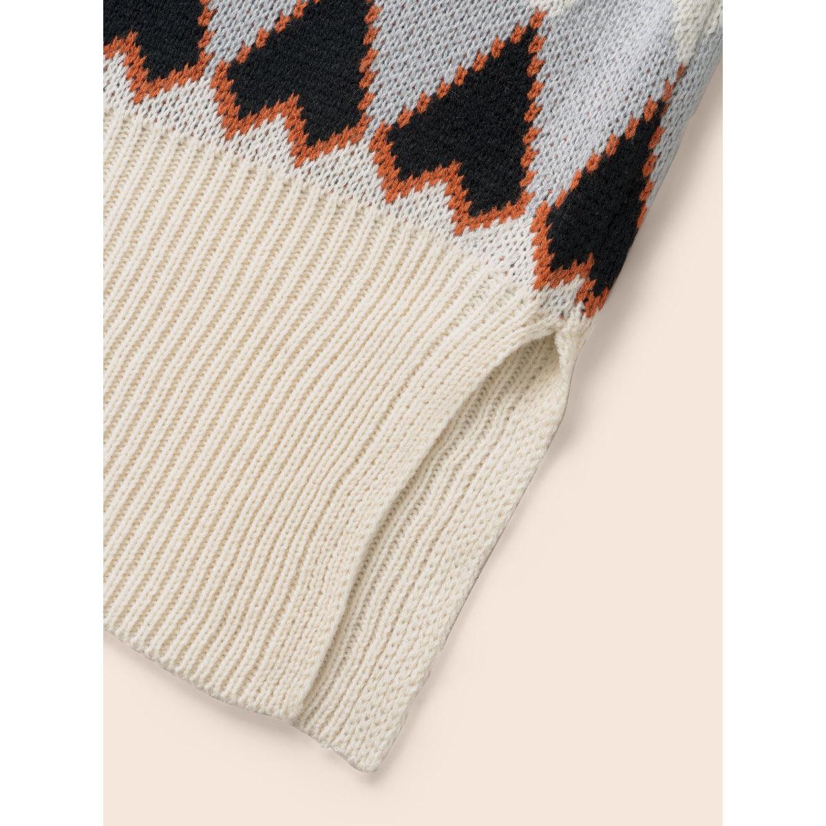 Plus Size Fair Isle Crew Neck Split Hem Pullover Beige Women Leisure Long Sleeve Round Neck Casual Pullovers BloomChic 28/5X Product Image