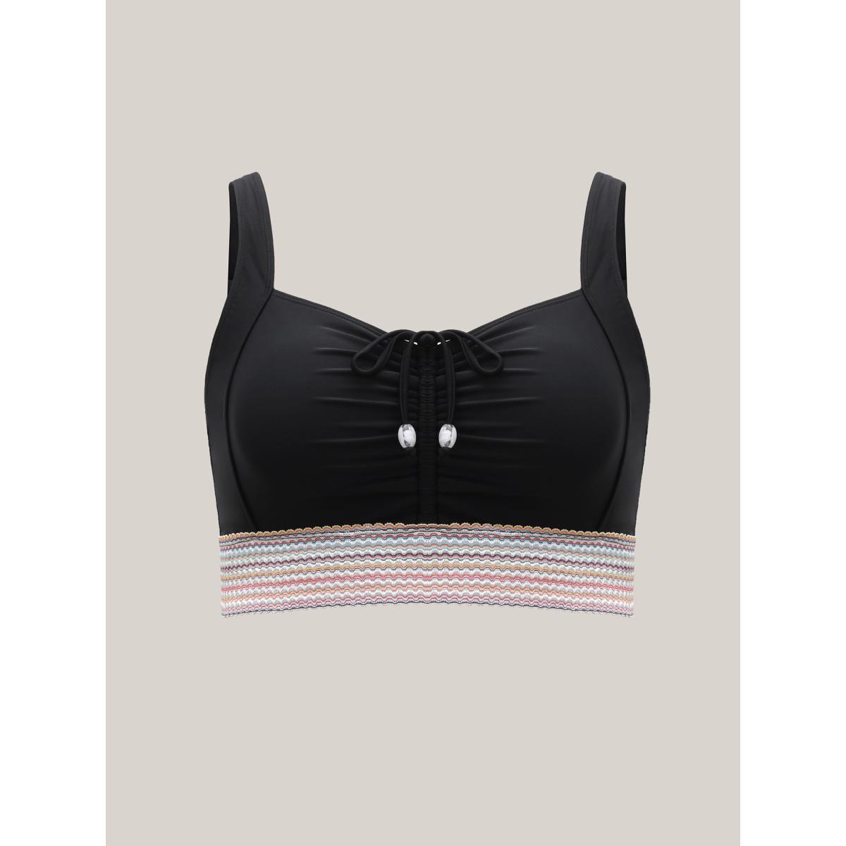 Plus Size Patchwork Ruched Drawstring Swim Top Women's Swimwear Black Resort Patchwork High stretch Skinny Non Curve Swim Tops BloomChic 18-20/2X Product Image