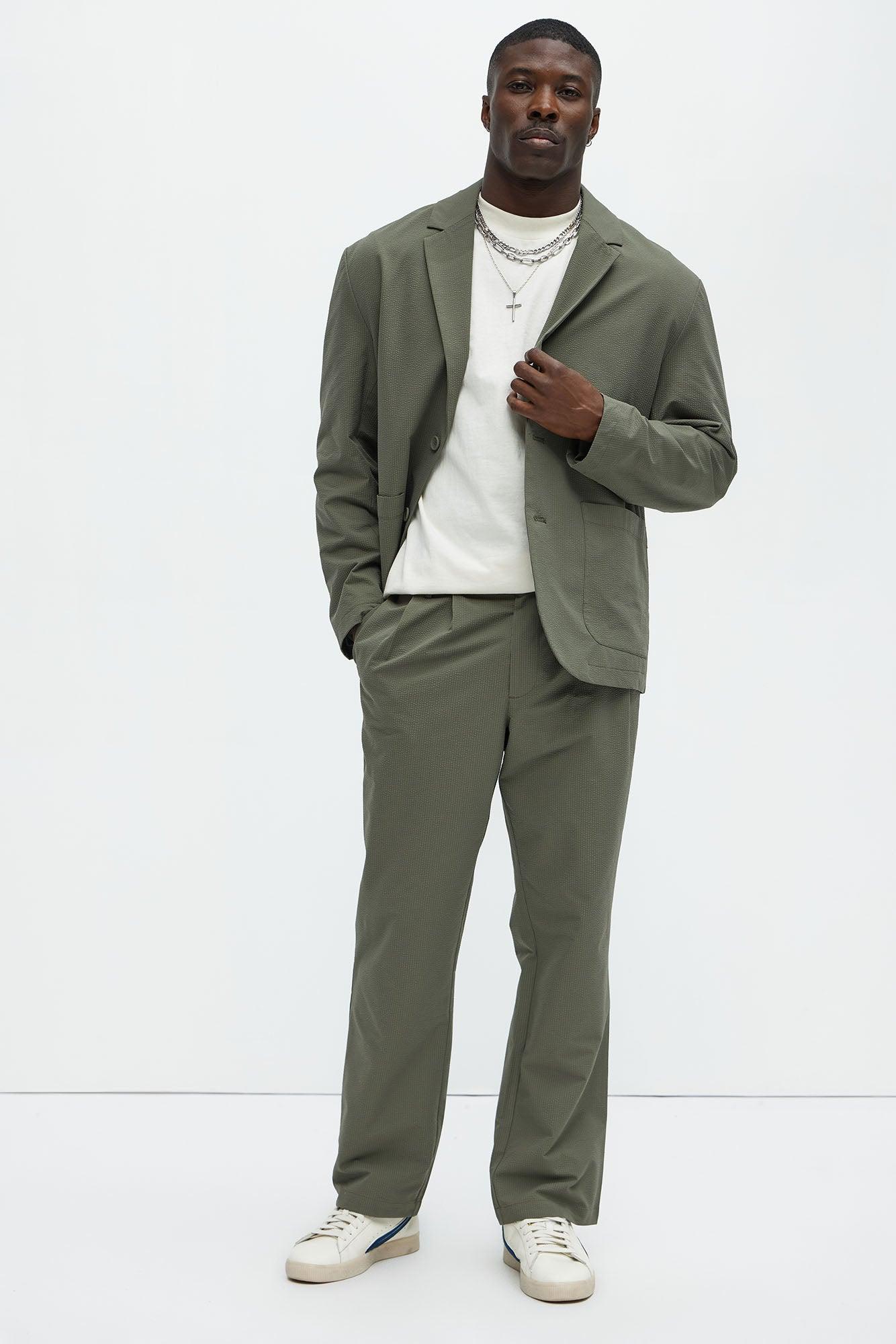 Seersucker Pleated Pants - Olive Product Image