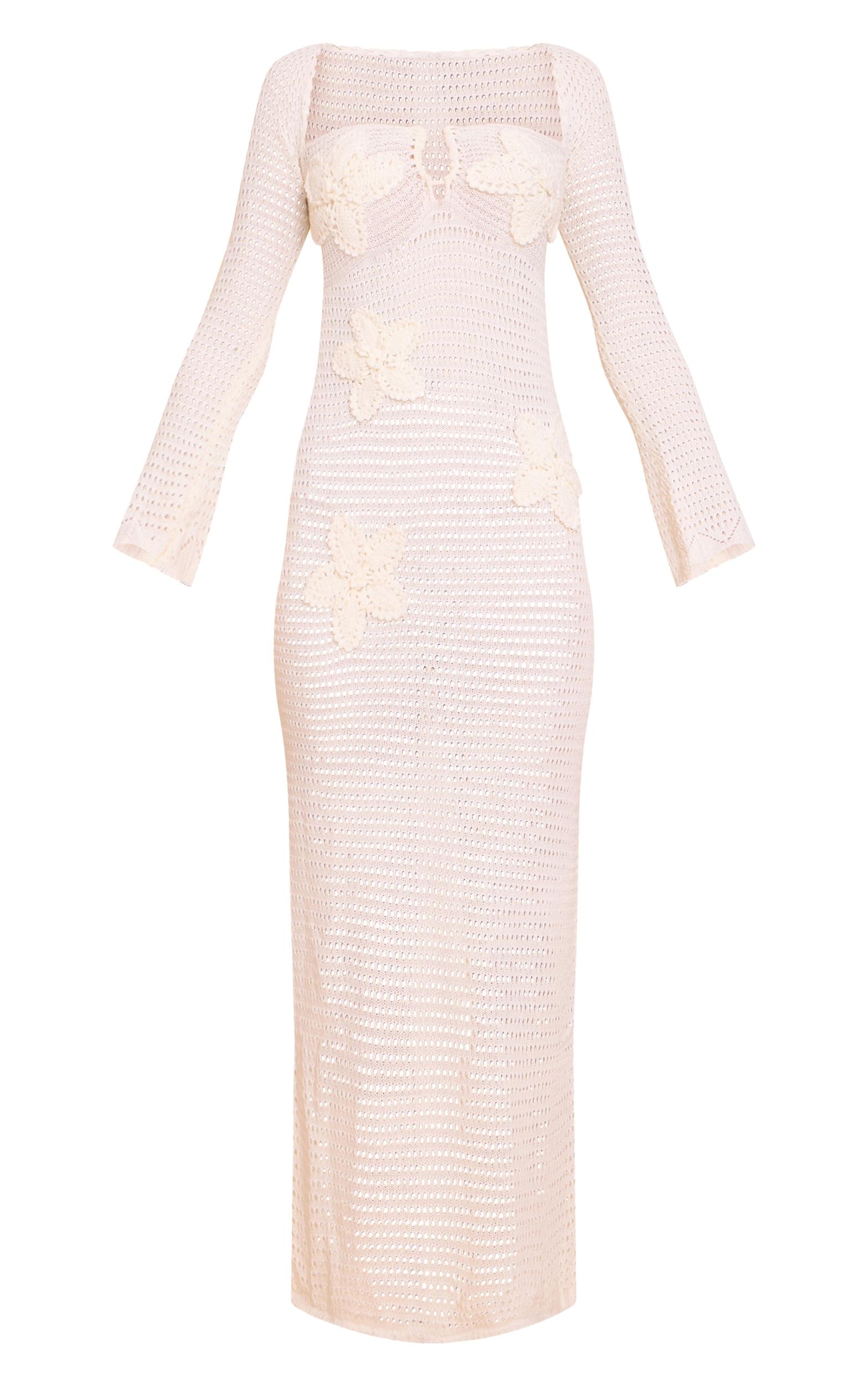 Ecru Flower Applique Long Sleeve Crochet Maxi Dress Product Image