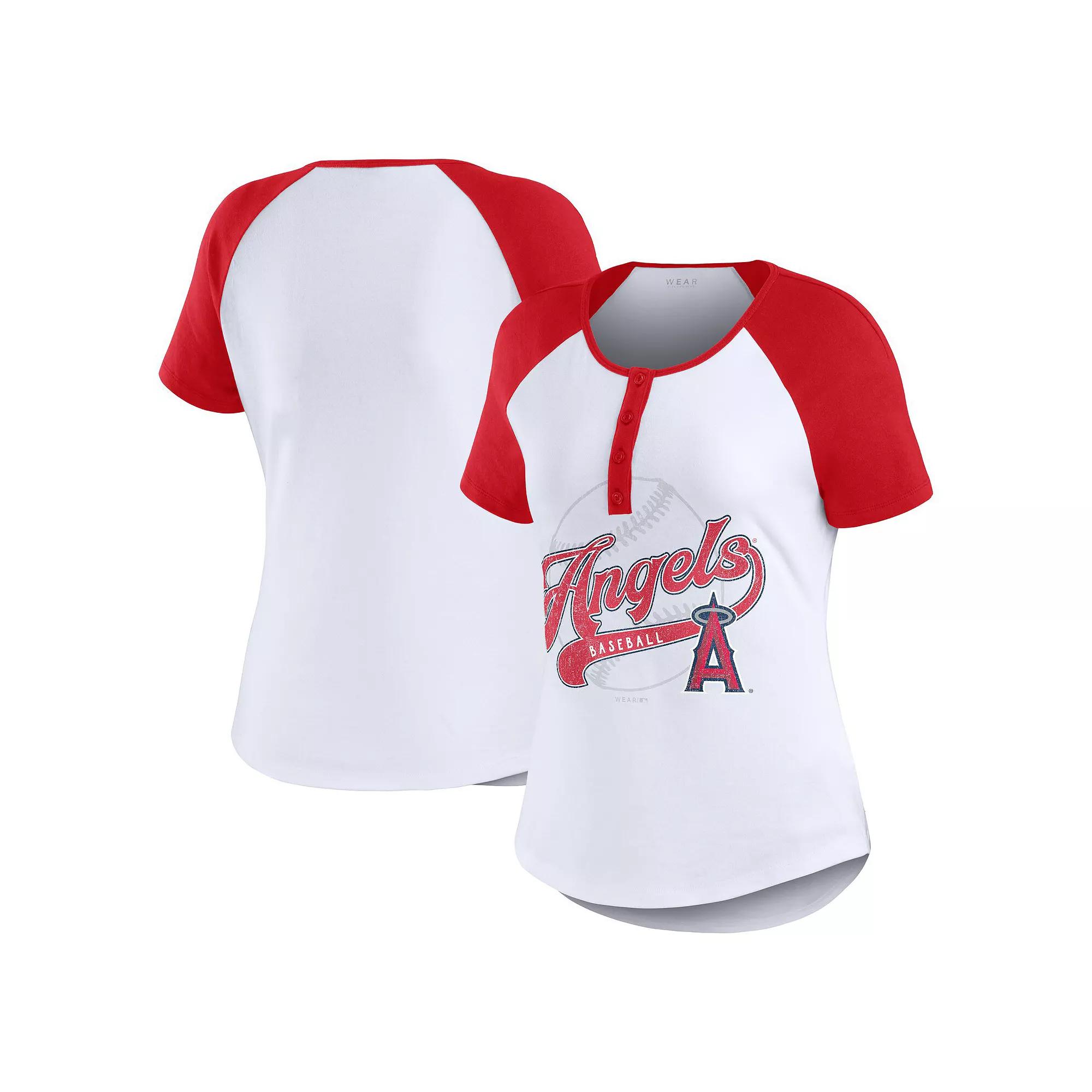 Women's WEAR by Erin Andrews White/Red Los Angeles Angels Henley Raglan T-Shirt, Size: XS Product Image