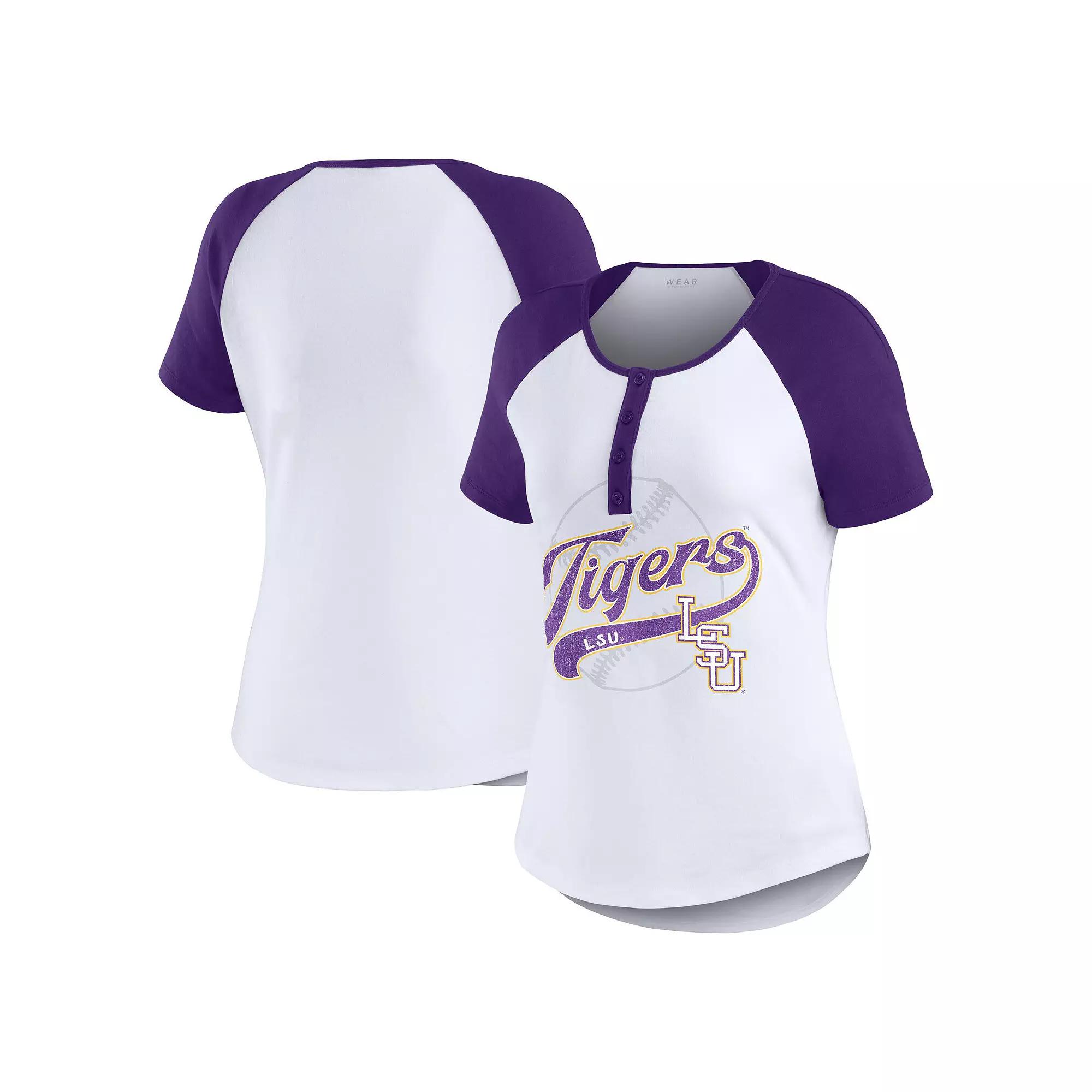 Women's WEAR by Erin Andrews White LSU Tigers Baseball Logo Raglan Henley T-Shirt, Size: Large Product Image