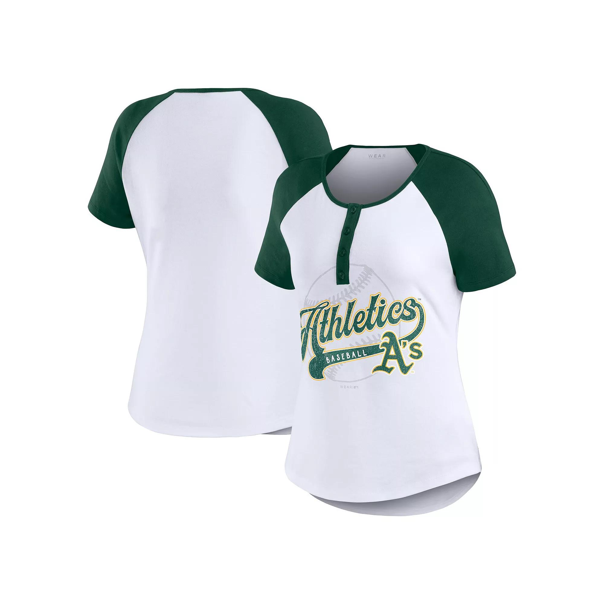 Women's WEAR by Erin Andrews White/Green Oakland Athletics Henley Raglan T-Shirt, Size: Small Product Image