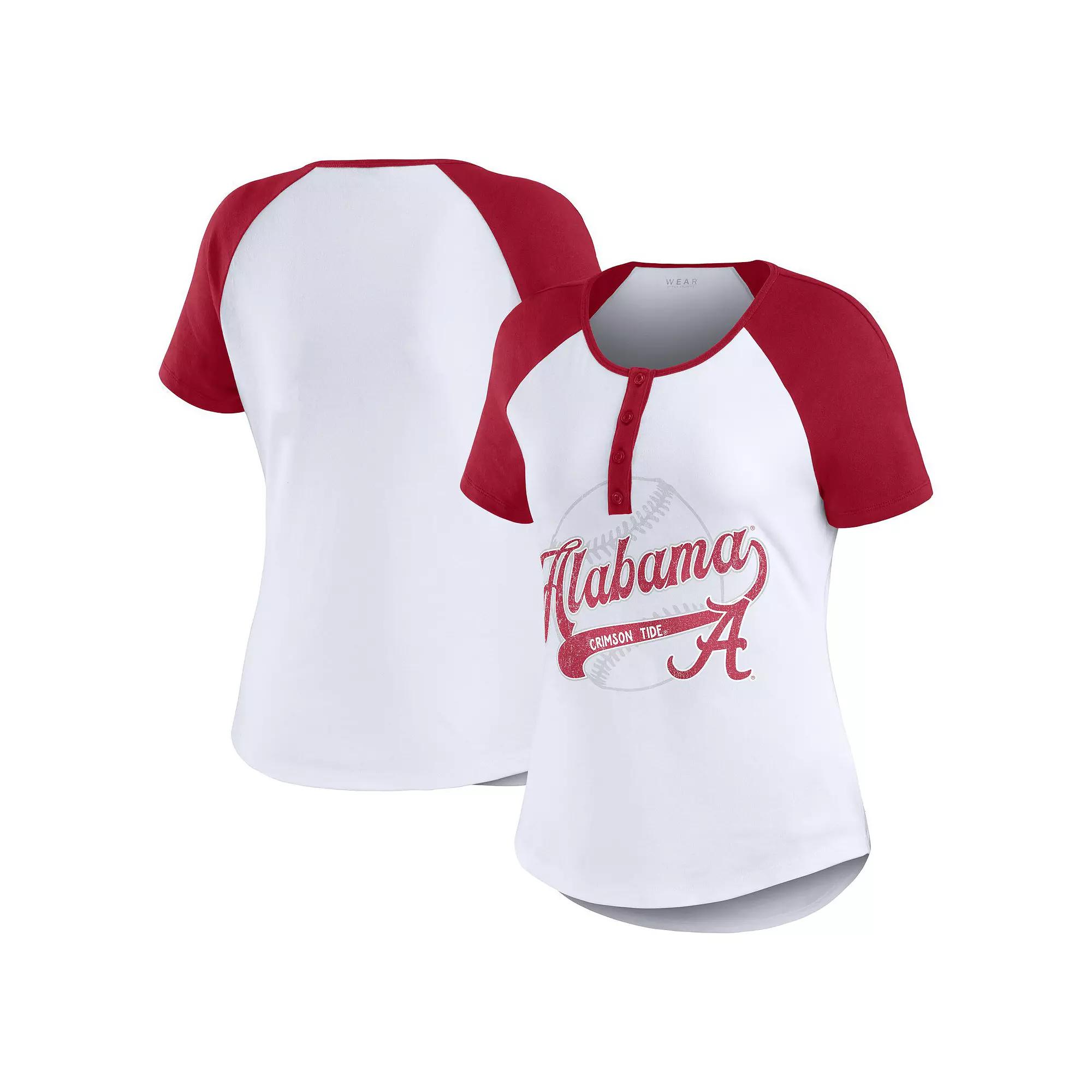 Women's WEAR by Erin Andrews White Alabama Crimson Tide Baseball Logo Raglan Henley T-Shirt, Size: Small Product Image