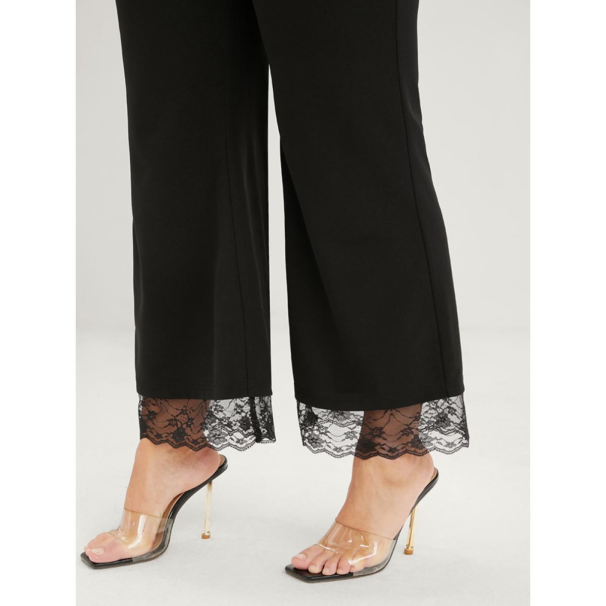 Plus Size Solid Fake Button Scalloped Lace Trim Elastic Waist Pants Women Black Elegant Loose High Rise Dailywear Pants BloomChic 18-20/2X Product Image