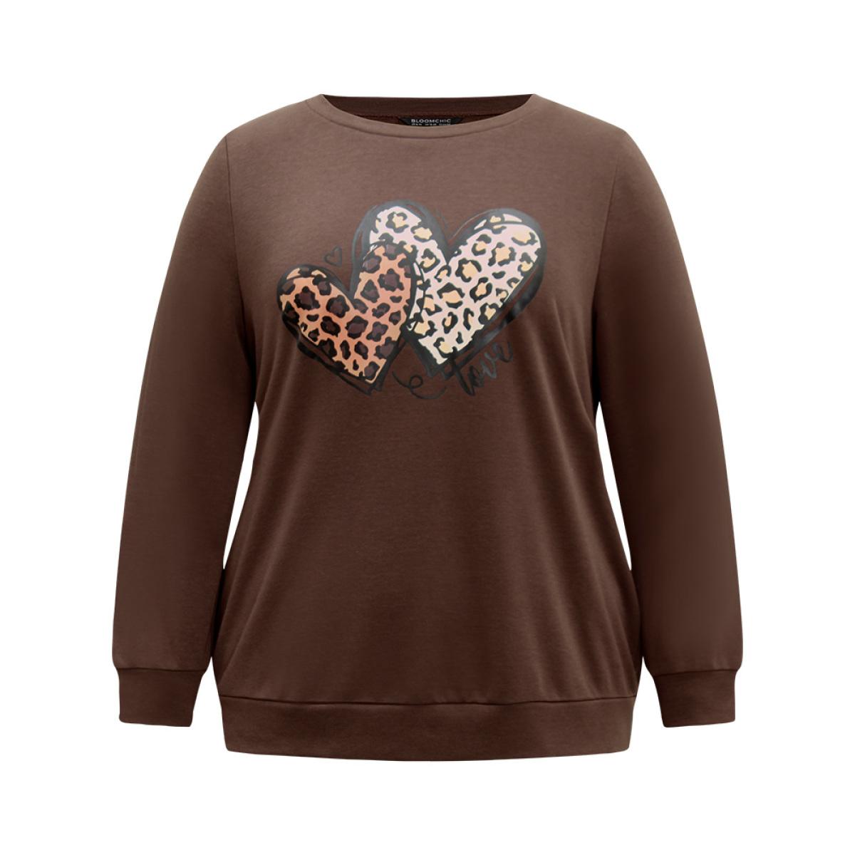 Plus Size Heart Leopard Round Neck Sweatshirt Women DarkBrown Casual Printed Dailywear Sweatshirts BloomChic 14-16/1X Product Image