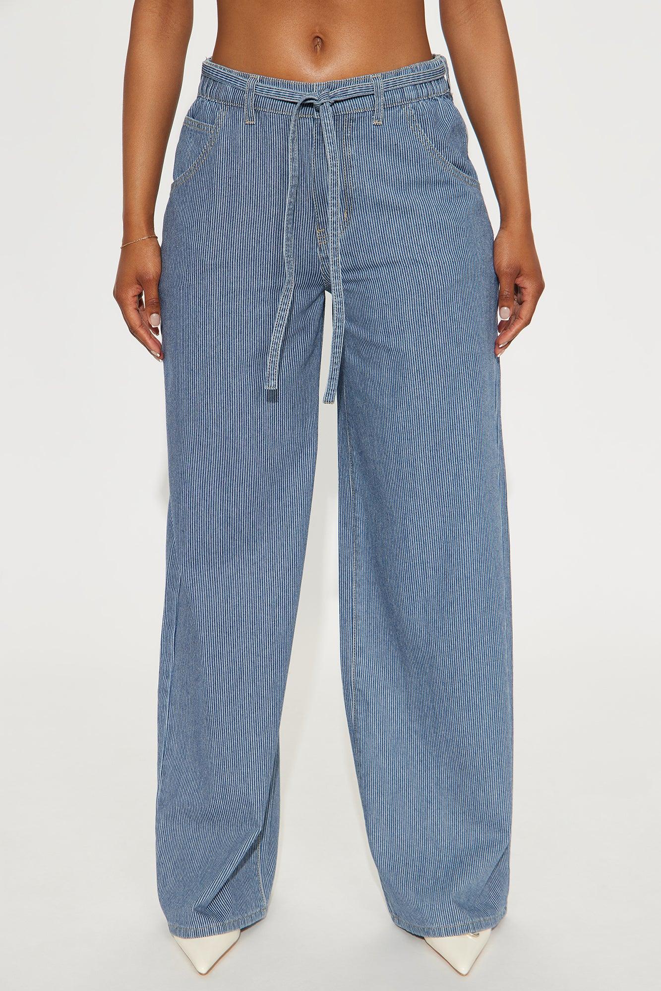 Laid Back Pinstripe Wide Leg Denim Trouser - Dark Wash Product Image