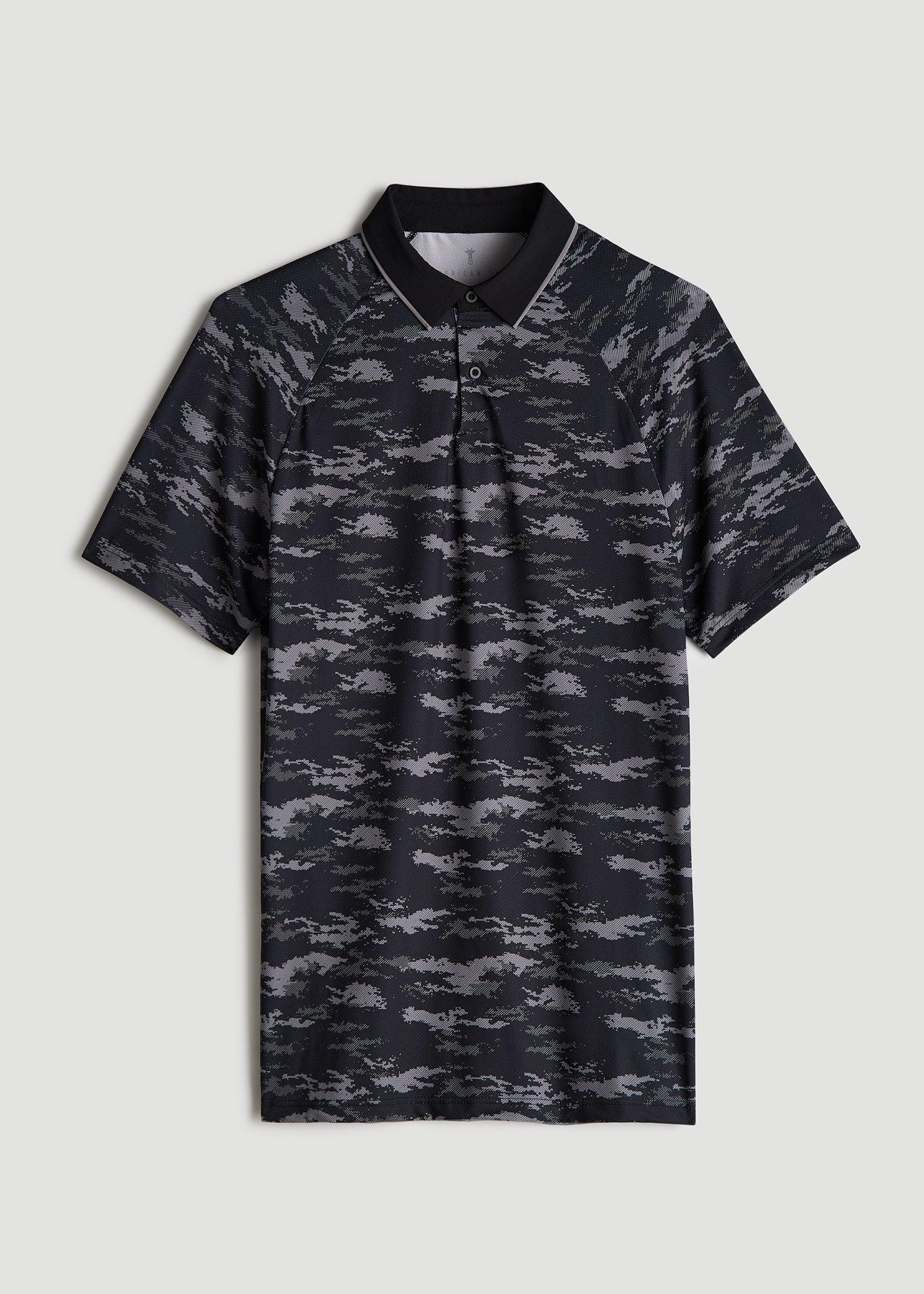 Contrast Collar A.T. Performance Print Golf Tall Men's Polo Shirt in Black and Grey Camo Product Image