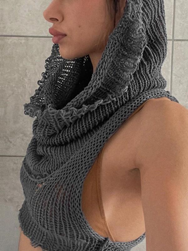 Hooded Crochet Knit Cropped Tank Top Product Image