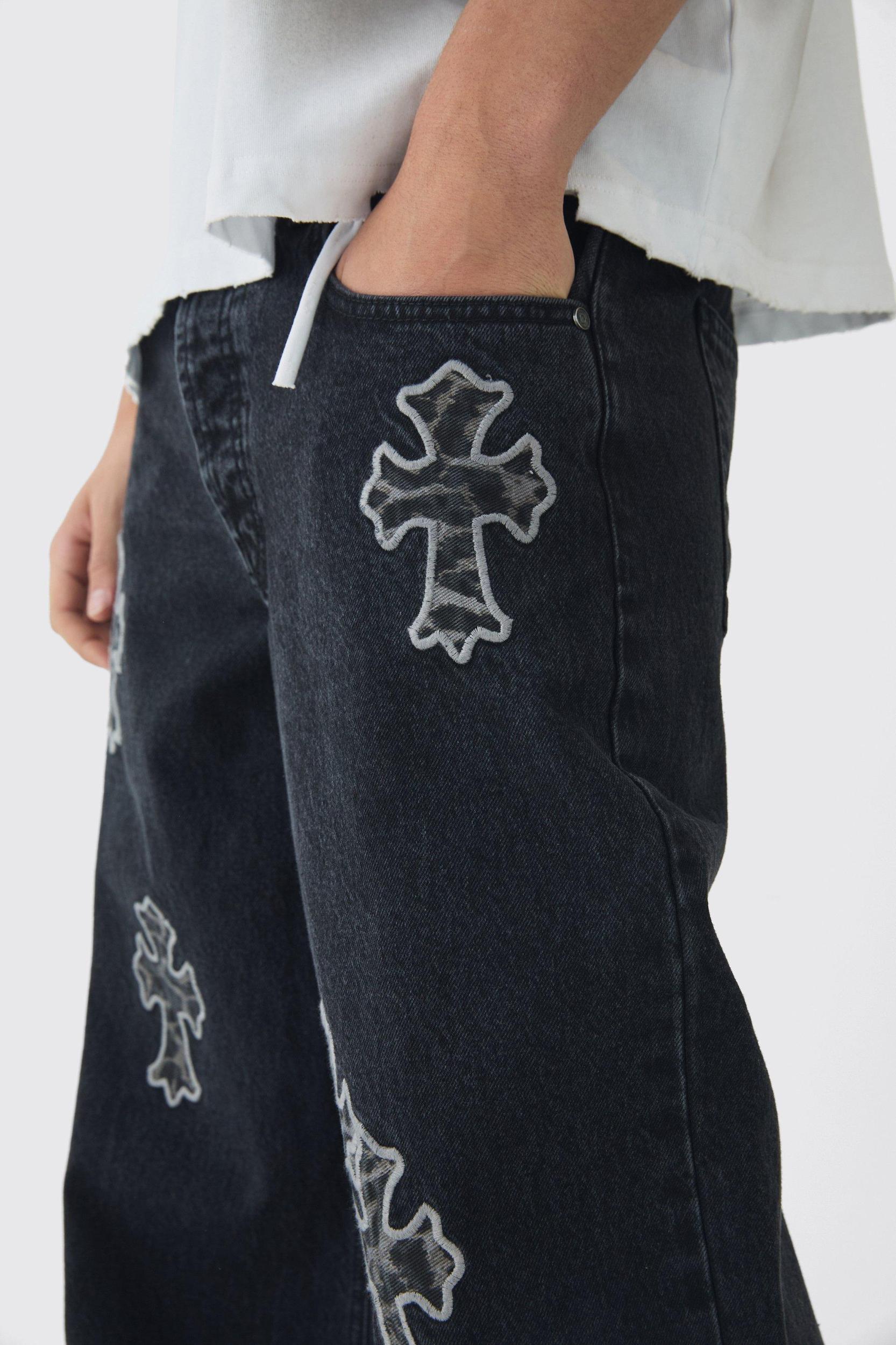 Baggy Rigid Leopard Cross Applique Denim Jeans | boohooMAN USA Product Image