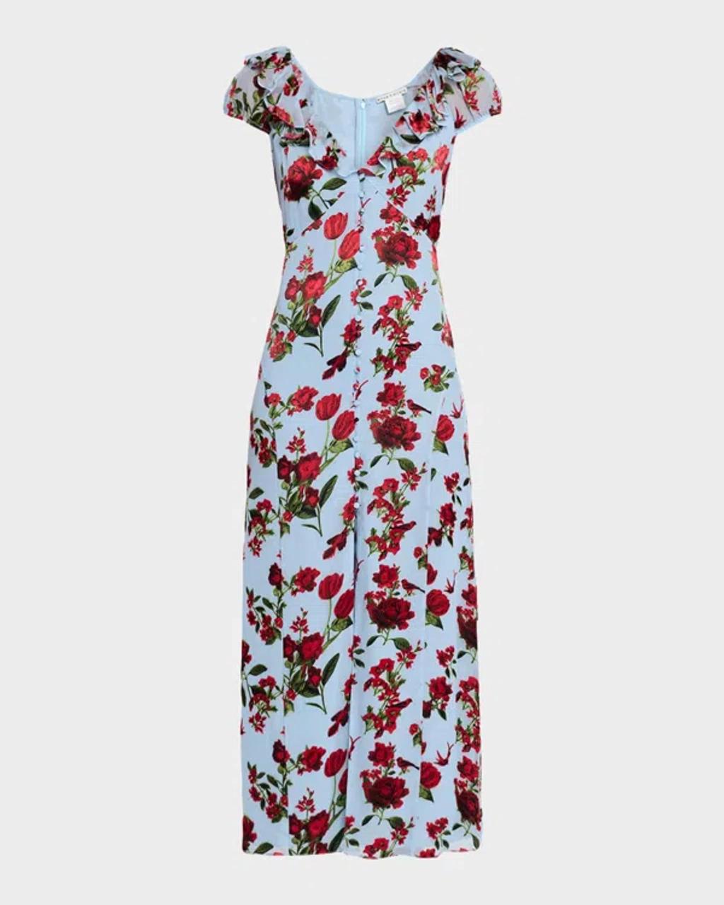 ALICE AND OLIVIA X Stacey Bendet Tara Floral-print Ruffled Midi Dress In Blue Product Image