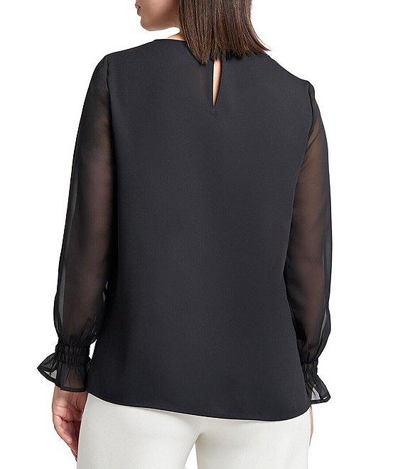 Ming Wang Crepe De Chine Round Neck Sheer Long Sleeve Blouse Product Image