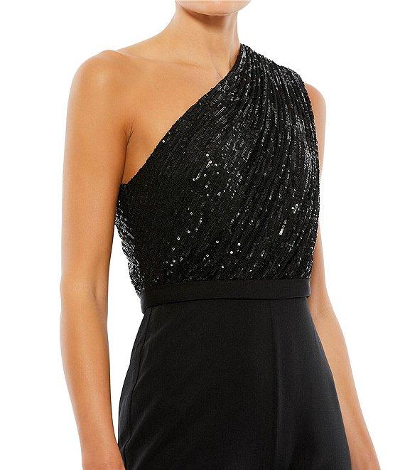 Mac Duggal Sequin Asymmetrical One Shoulder Sleeveless Satin Flare Leg Jumpsuit Product Image