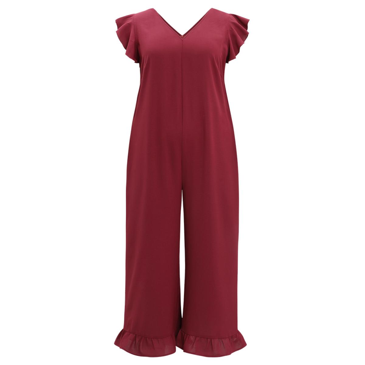 Plus Size Burgundy Plain Ruffle Cap Sleeve V Neck Zipper Jumpsuit Women Casual Cap Sleeve V-neck Dailywear Loose Jumpsuits BloomChic 18-20/2X Product Image