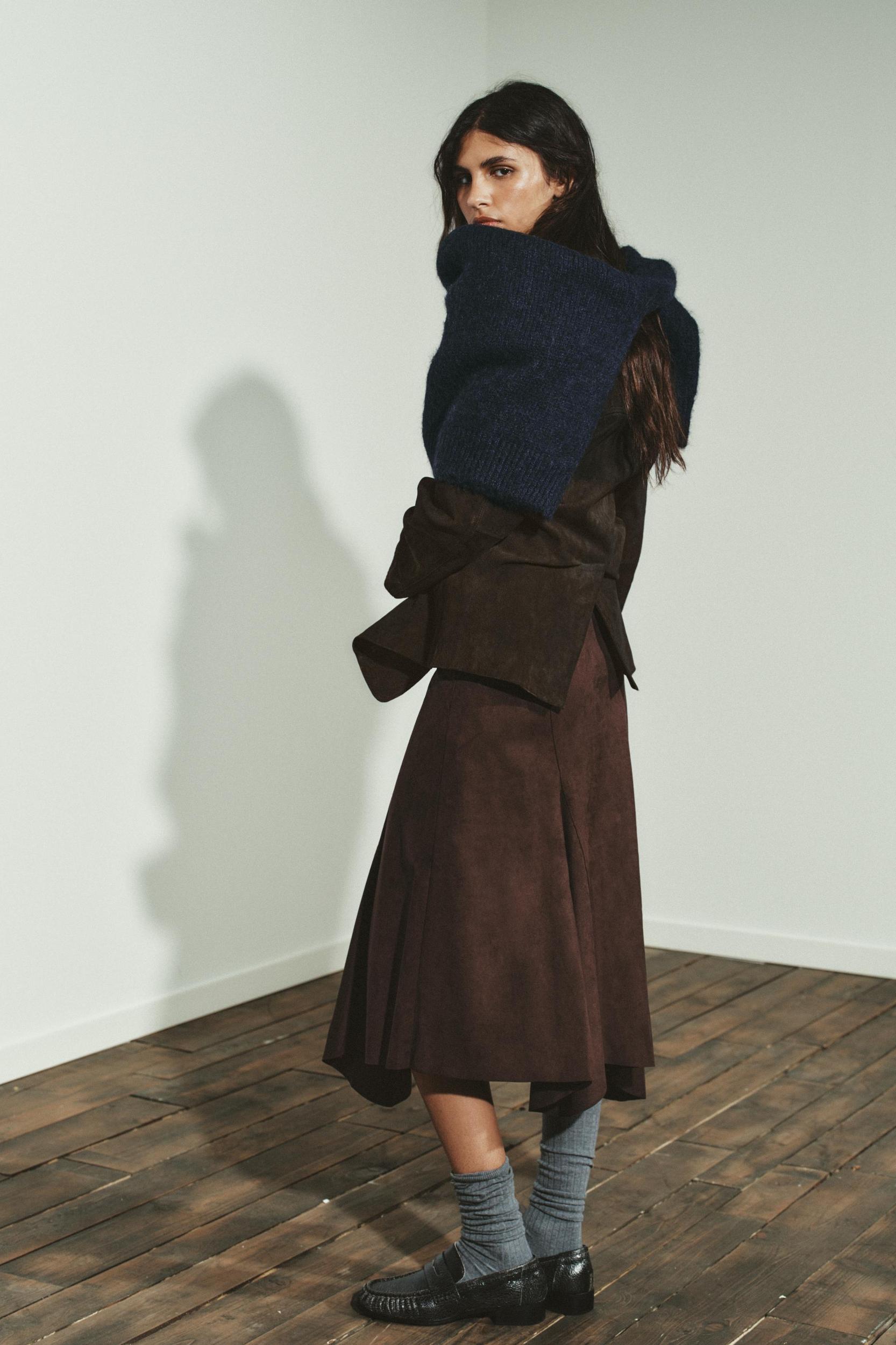 ASYMMETRIC FAUX SUEDE MIDI SKIRT Product Image