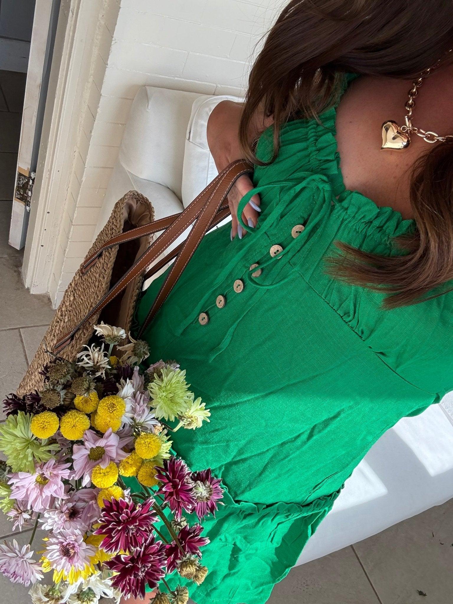 Sally Green Ruched Babydoll Linen Mini Dress - DOORBUSTER Product Image