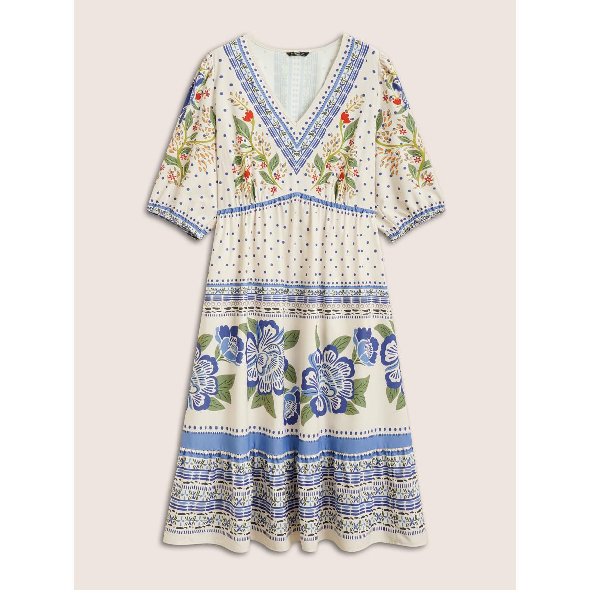 Plus Size V Neck Floral Print Elastic Waist Lantern Sleeve Dress Blue Women Resort Gathered V-neck Sleeveless Curvy Midi Dress BloomChic 10/M Product Image