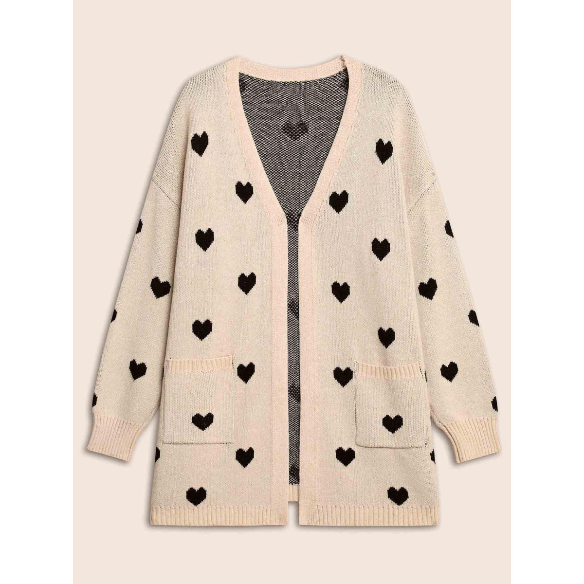 Plus Size Heart-shaped Pattern Patch Pocket Cardigan Apricot Women Basics Loose Long Sleeve Everyday Cardigans BloomChic 14-16/1X Product Image