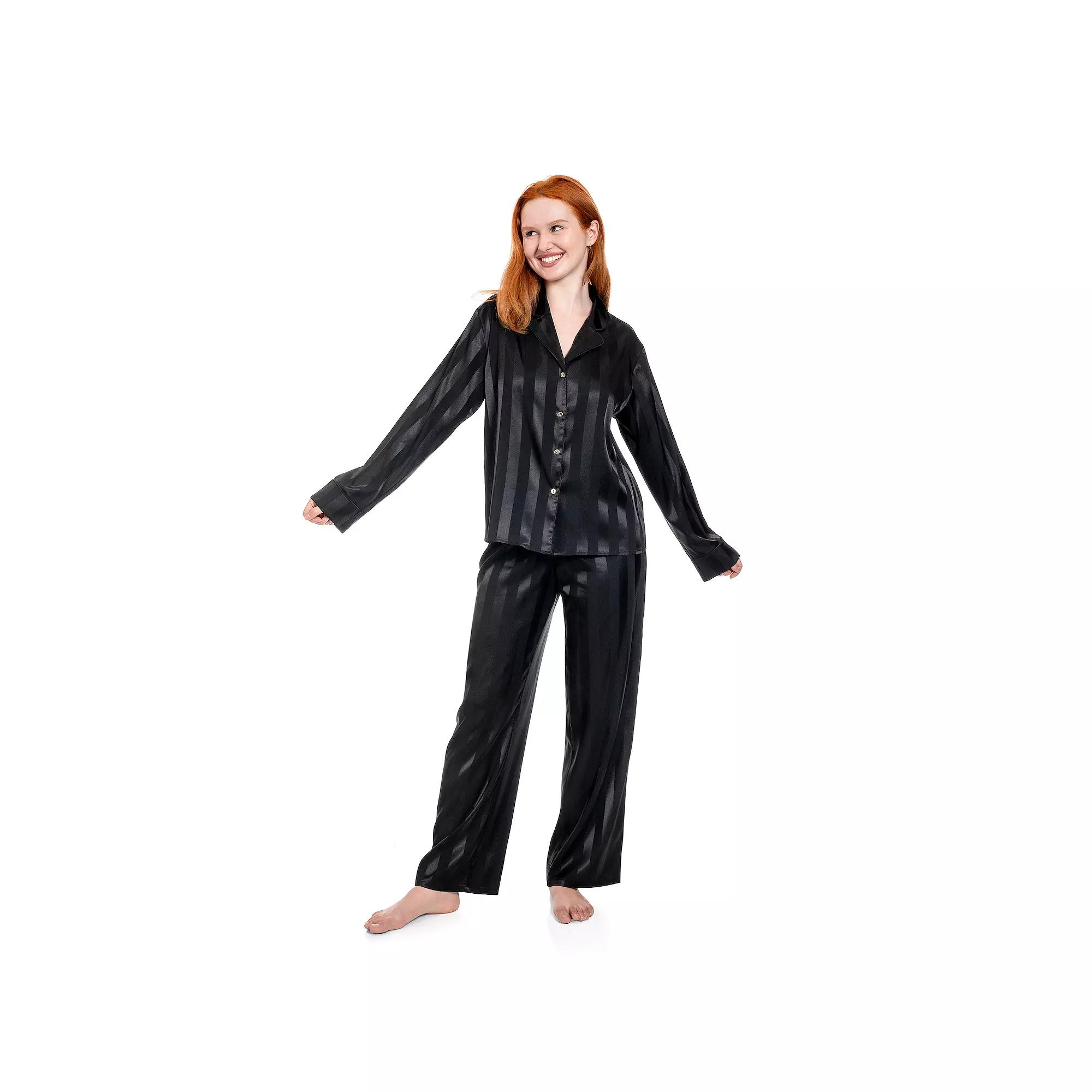 Women's Lilac+London Long Satin Notch Collar Pajama Top & Pajama Bottoms Set,  Product Image