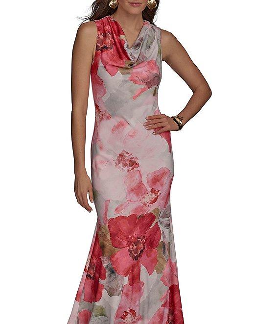 Donna Karan Cowl Neck Floral Print Satin Sheath Dress Product Image