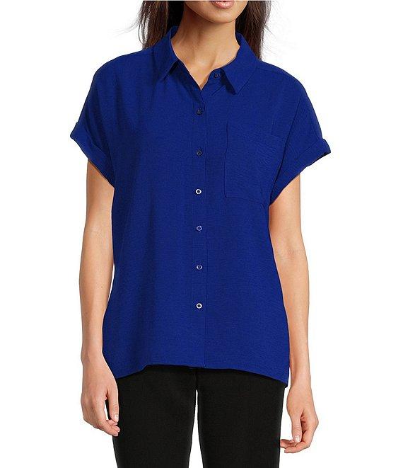 Calvin Klein Puckered Woven Short Cuffed Sleeve Button Front Point Collar Top Product Image