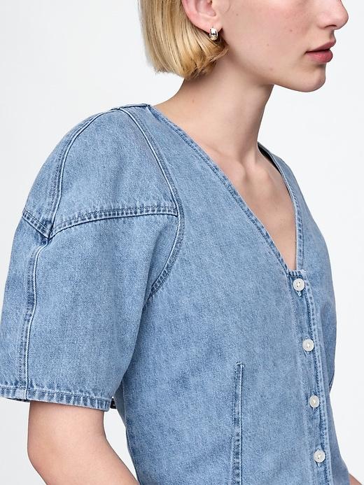 Cropped Puff-Sleeve Denim Shirt Product Image