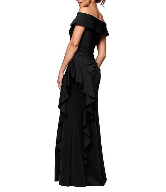Xscape Petite Size Scuba Straight Neck Off The Shoulder Cascade Ruffle Gown Product Image