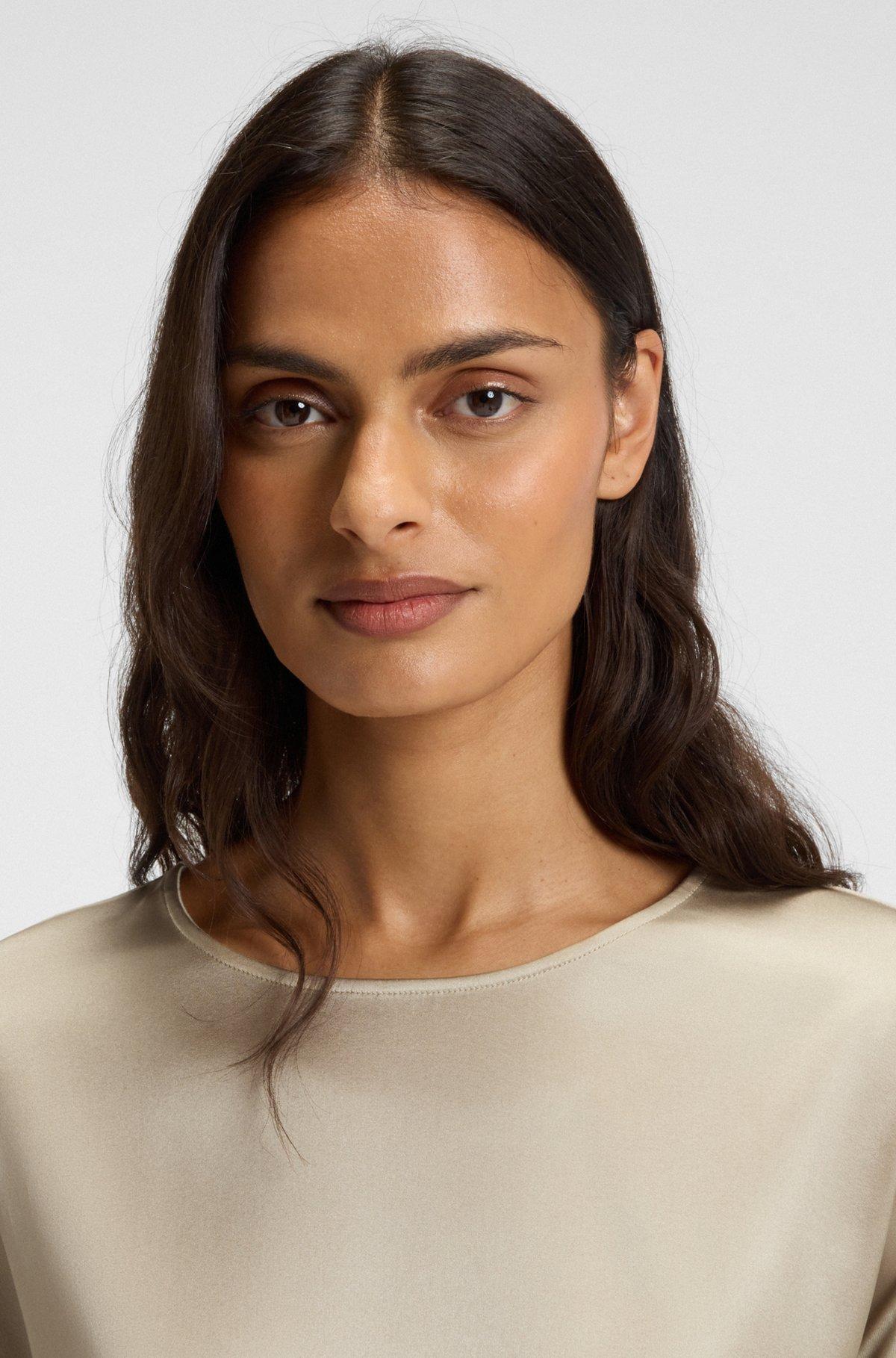 BOSS - Regular-fit jersey top with stretch-silk front - Light Beige Product Image