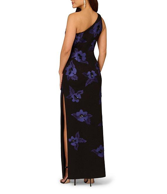 Aidan Mattox One Shoulder Beaded Floral Crepe Sheath Dress Product Image