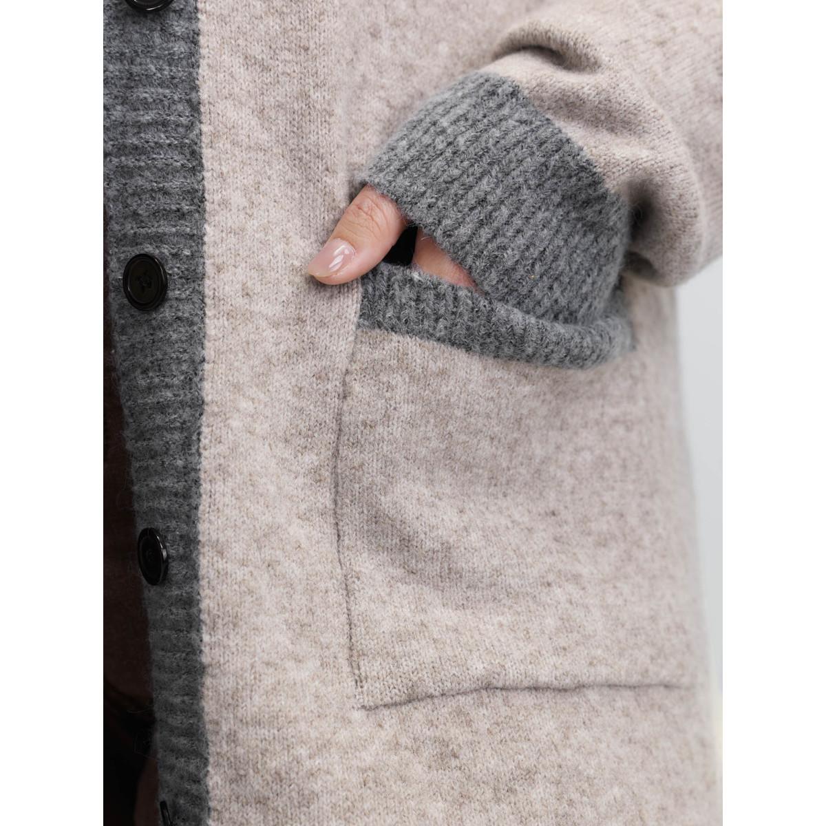 Plus Size Color Contrast Buttons Pockets Knit Cardigan LightBrown Women Leisure Loose Long Sleeve Casual Cardigans BloomChic 10/M Product Image