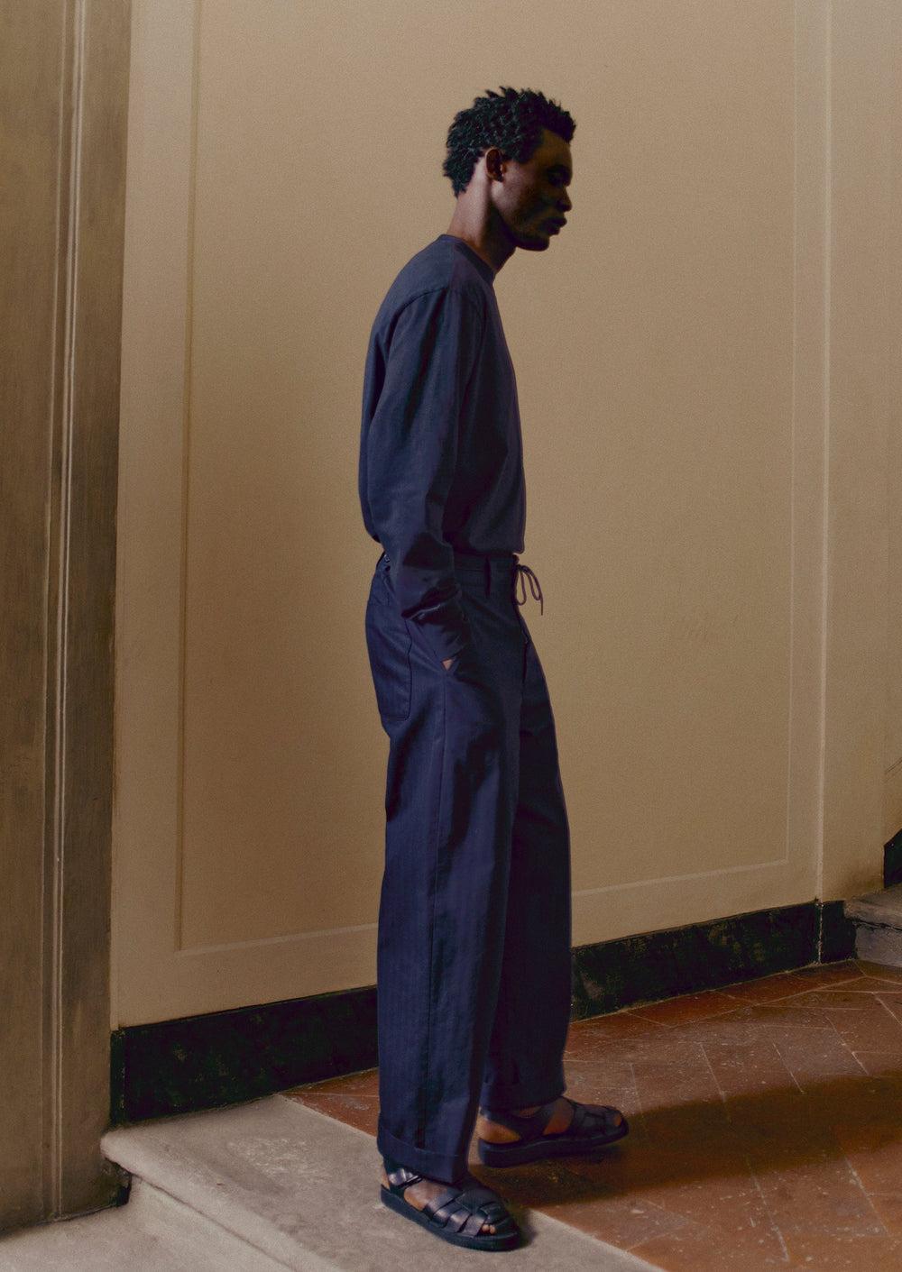 Cotton Wool Herringbone Wide Leg Pants | Black Product Image