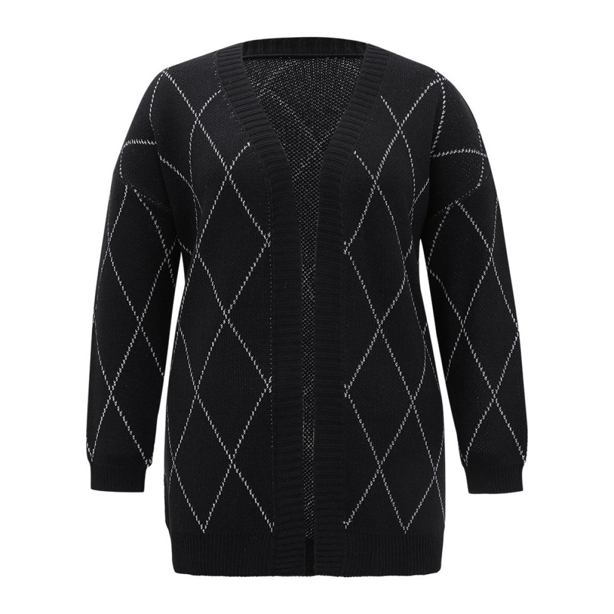 Plus Size Sparkly Plaid Open Front Cardigan Black Women Casual Loose Long Sleeve Dailywear Cardigans BloomChic 18-20/2X Product Image