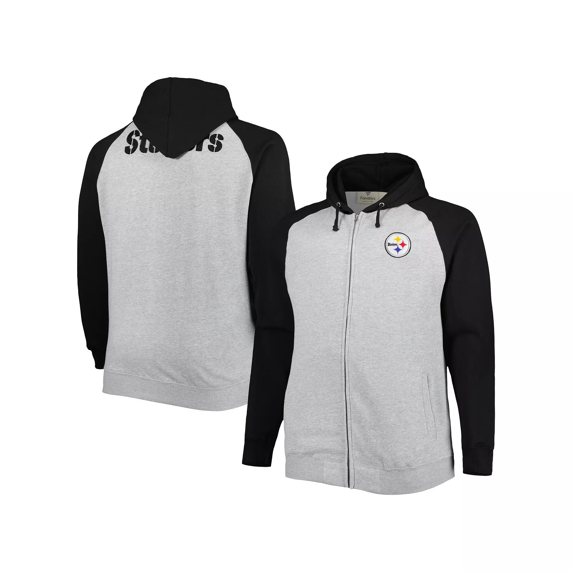 Men's Heather Gray Pittsburgh Steelers Big & Tall Fleece Raglan Full-Zip Hoodie Jacket, Size: XLT, Grey Product Image