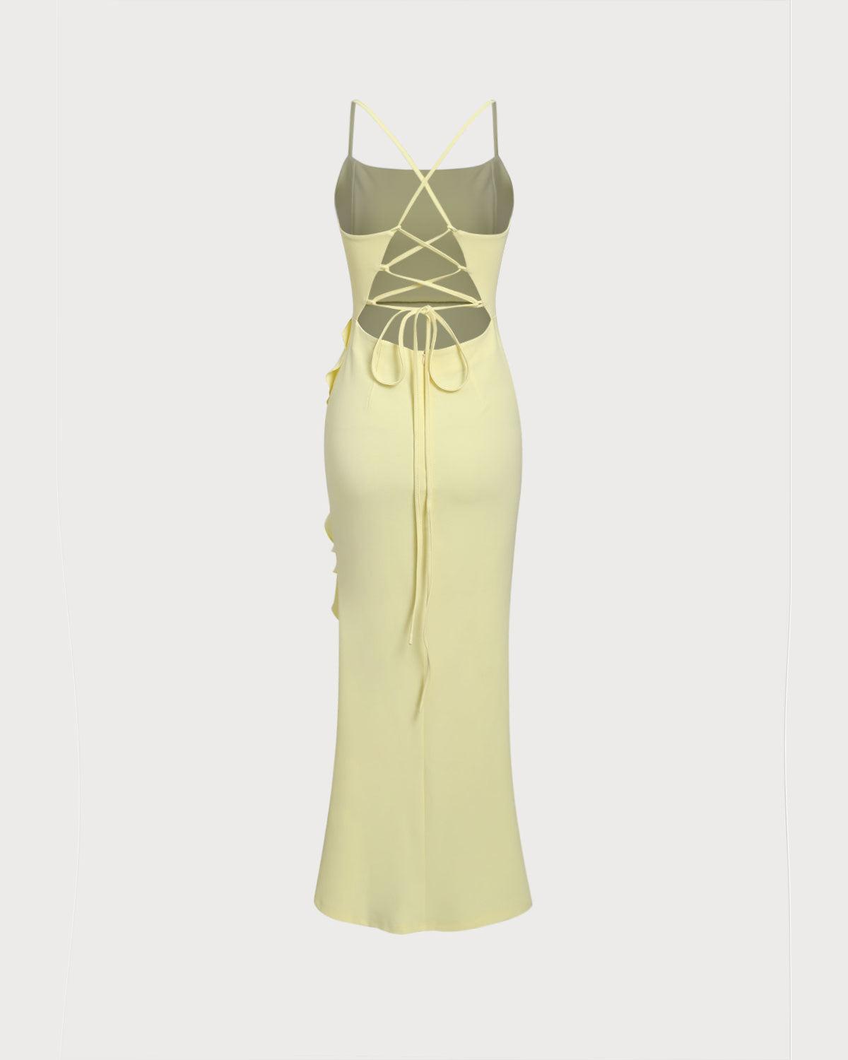 Yellow Ruffle Backless Slit Slip Maxi Dress Product Image