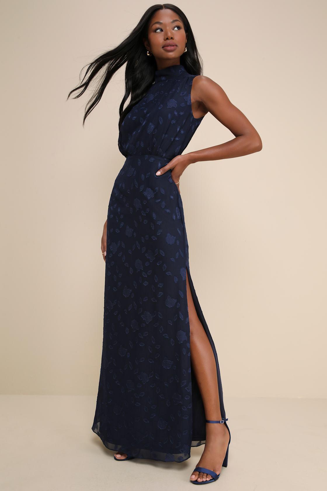 Classic Elegance Navy Blue Burnout Mock Neck Maxi Dress Product Image