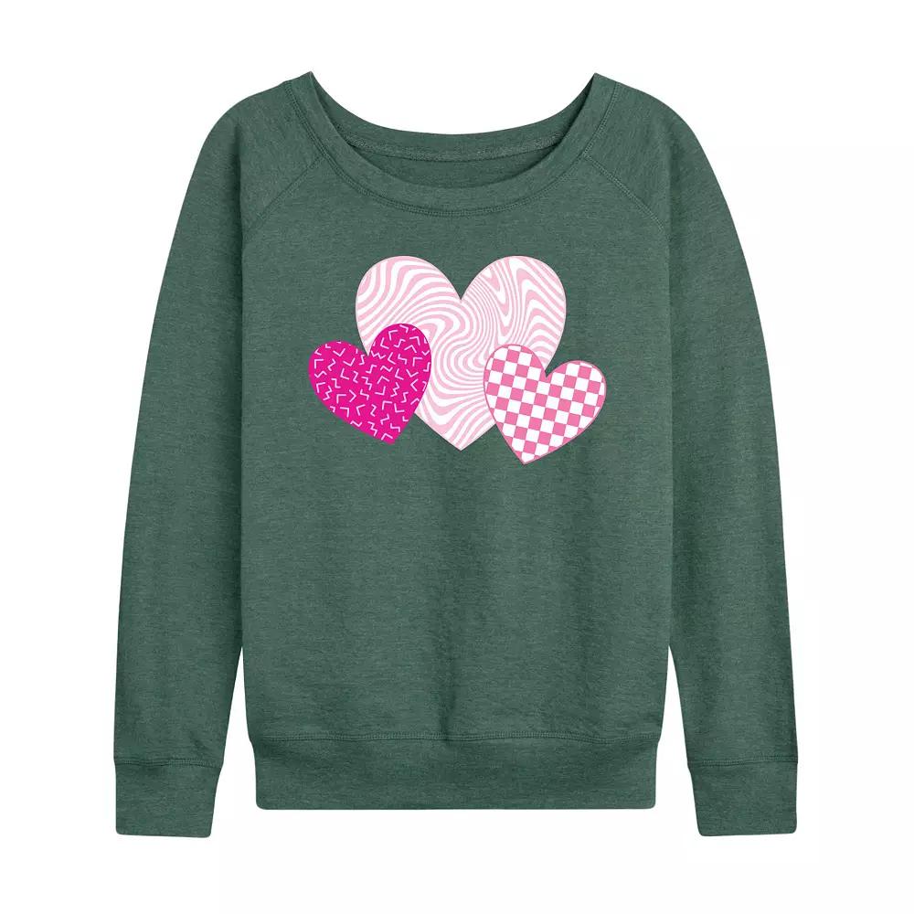 Women's Pink Retro Patterned Hearts French Terry Long Sleeve Tee,  Product Image