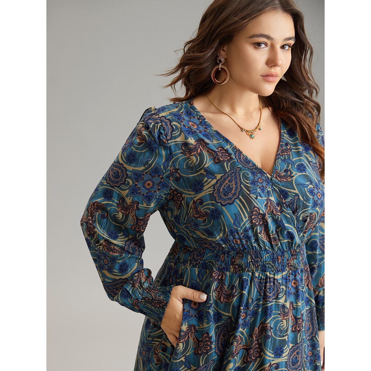 Plus Size Bandana Print Shirred Pocket Frill Trim Dress Aegean Women Vacation Wrap Overlap Collar Long Sleeve Curvy Midi Dress BloomChic 14-16/1X Product Image