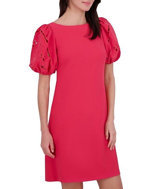 Vince Camuto Stretch Crepe Boat Neck Short Sleeve Laser-Cut Shift Dress Product Image