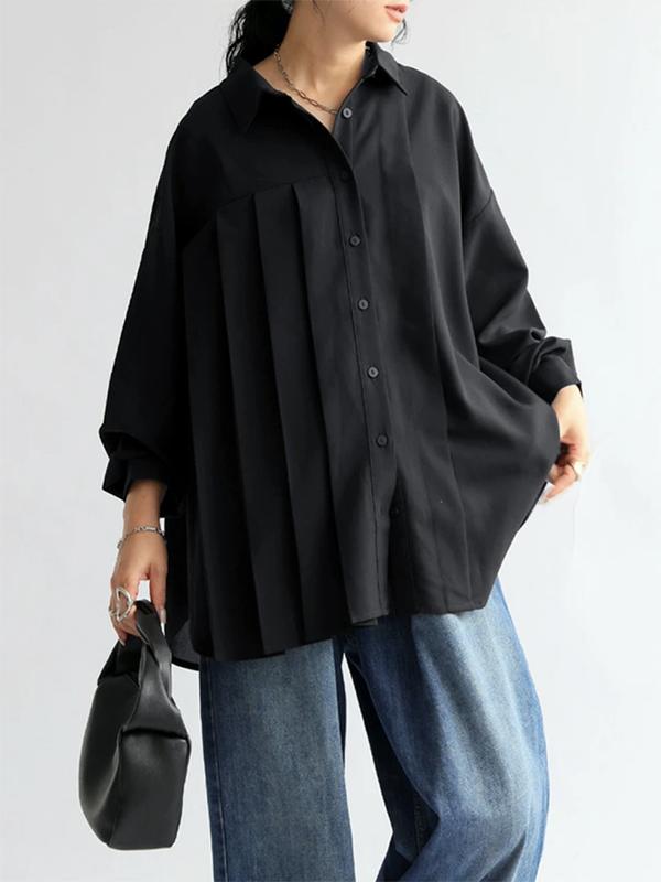 Long Sleeves Loose Buttoned Pleated Solid Color Lapel Blouses&Shirts Tops Product Image