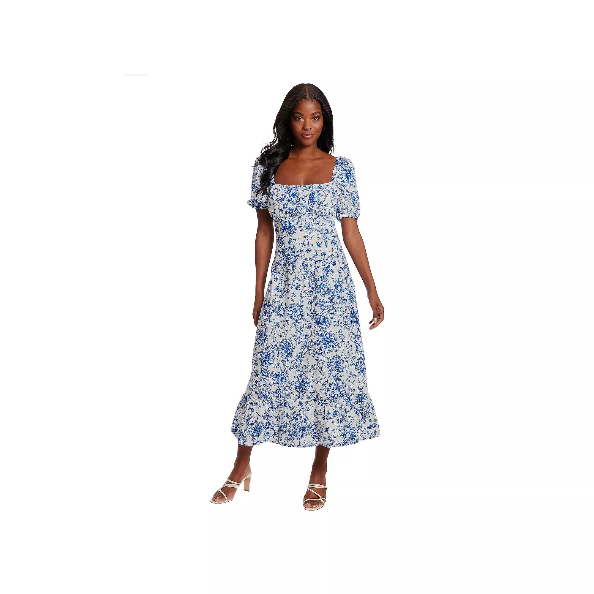 Women's London Times Puff Sleeve Empire Waist Midi Dress, Size: 12, Blue White Floral Product Image