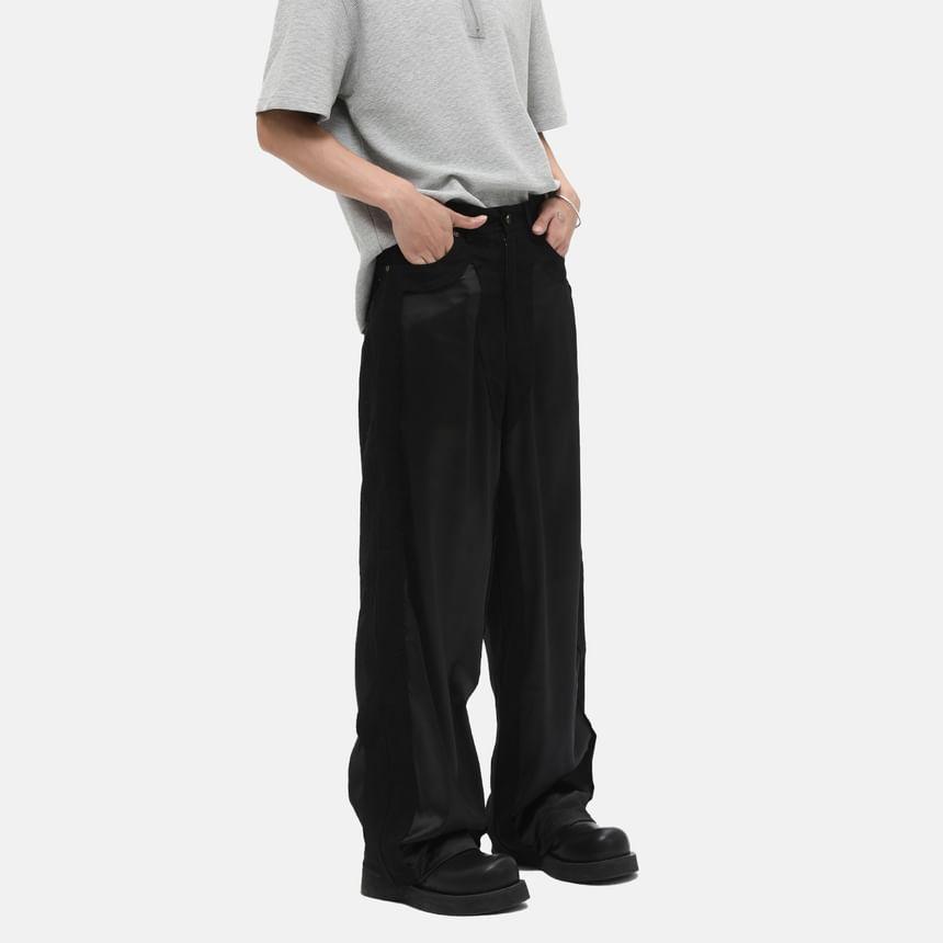 Mid Rise Plain Panel Satin Straight Leg Pants Product Image