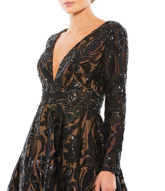 Mac Duggal Deep V-Neck Long Sleeve Fully Lined Sequin Fit and Flare Midi Dress Product Image