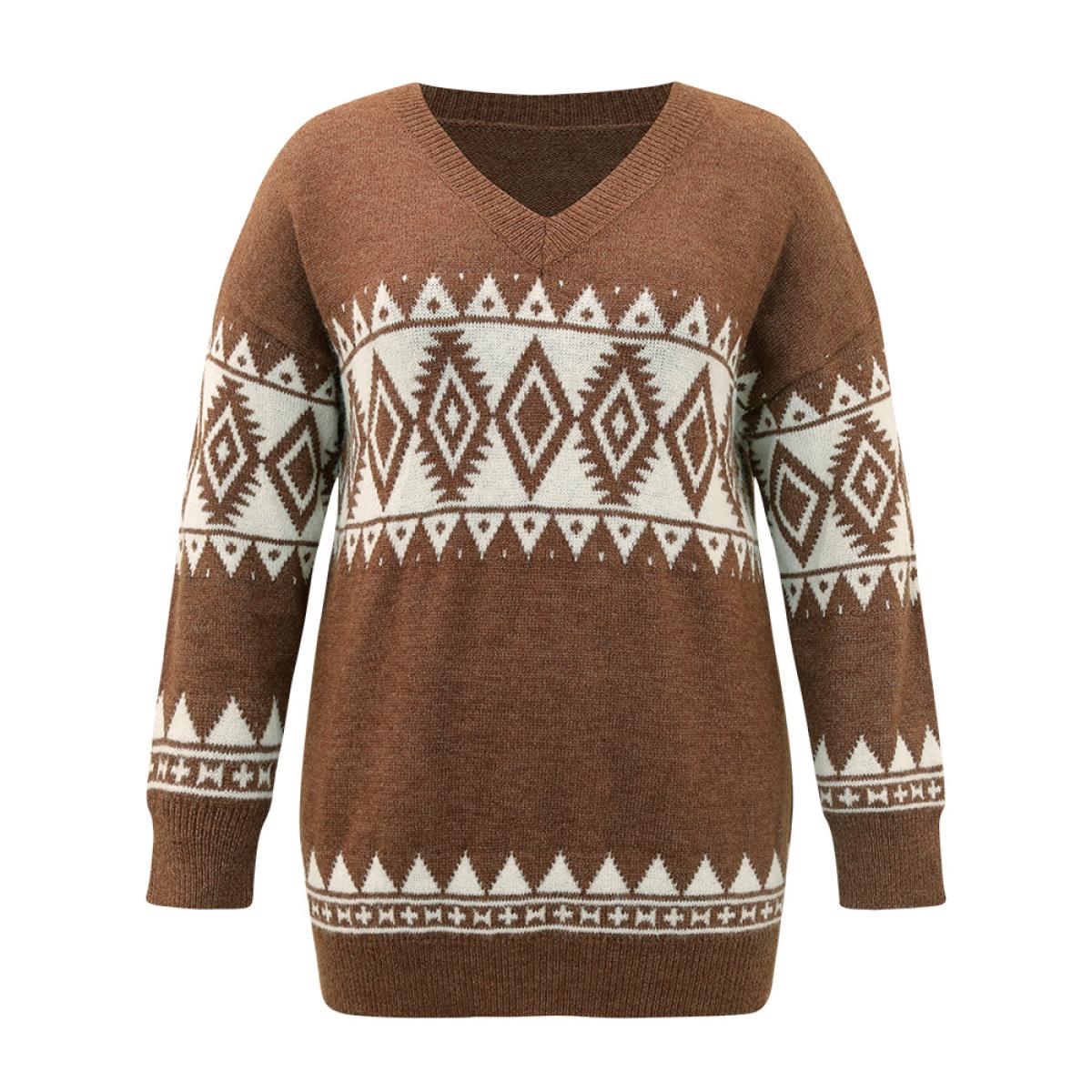 Plus Size Anti-Pilling Bandana Print V Neck Pullover Bronze Women Casual Loose Long Sleeve V-neck Everyday Pullovers BloomChic 28/5X Product Image